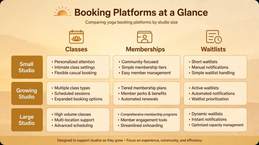 Infographic comparing yoga booking platforms by studio size and features