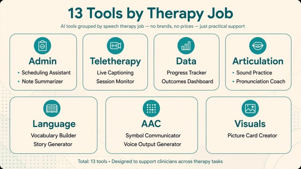 Infographic grouping 13 AI tools for speech therapists by therapy job