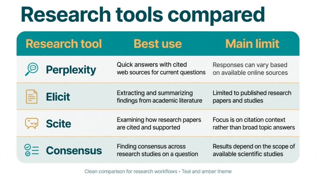Infographic comparing research AI tools for librarians by best use and limit