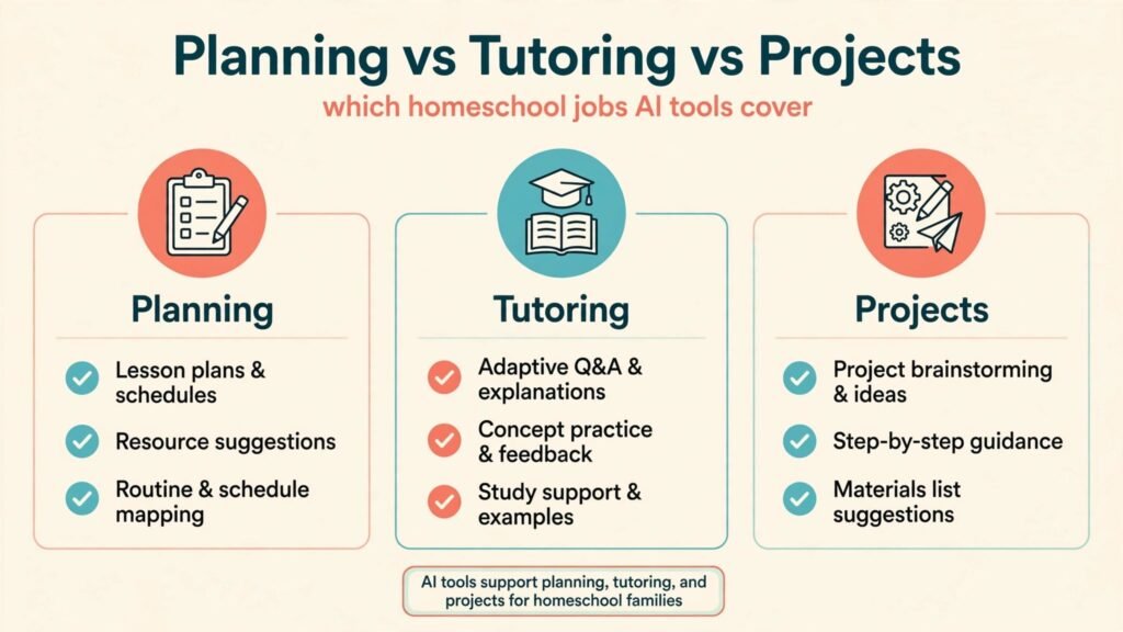 Infographic showing homeschool AI tools by planning, tutoring and project jobs