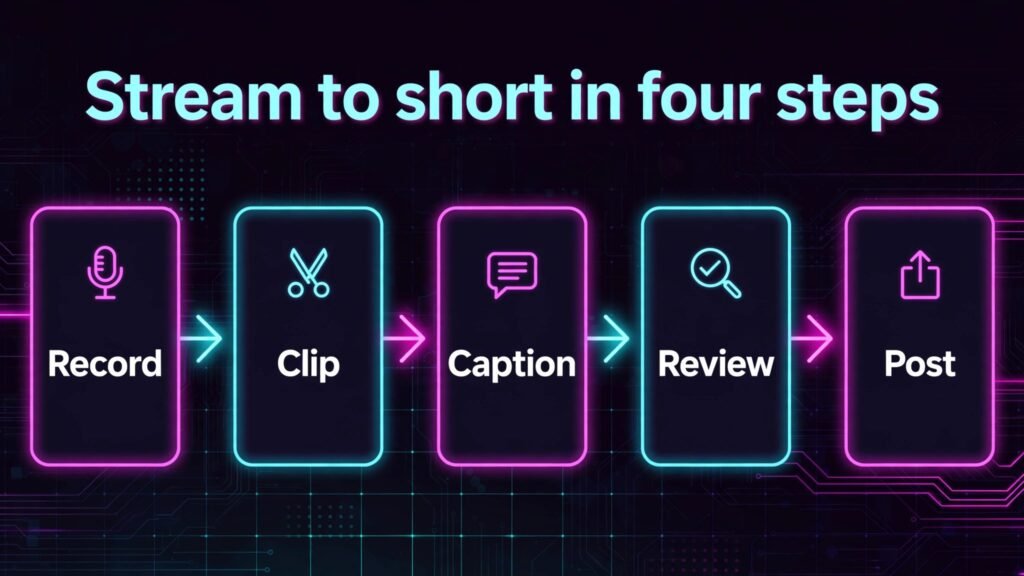 Infographic flowchart showing stream to short steps record clip caption review post