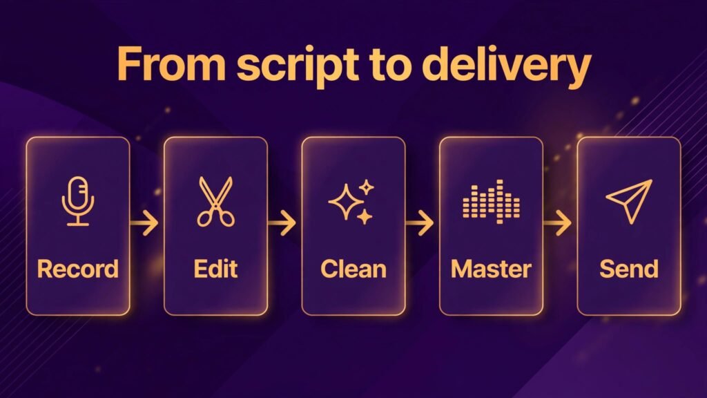 Infographic showing the voice actor workflow from script to delivery