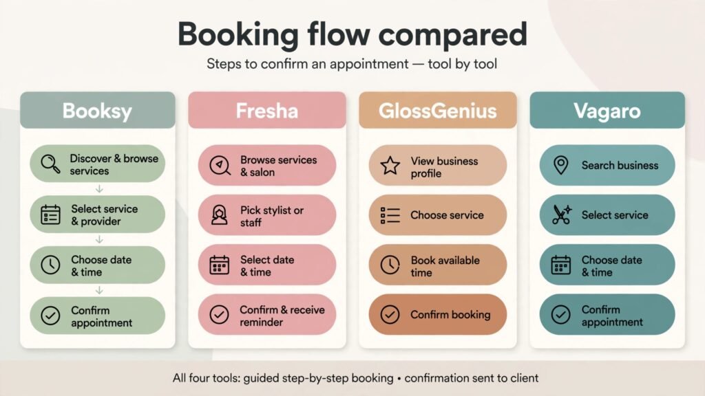 Infographic comparing nail salon booking steps across four tools