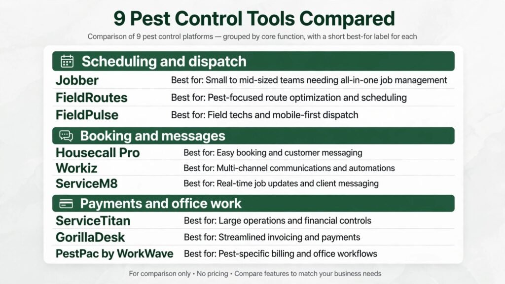 Comparison chart of 9 AI tools for pest control businesses