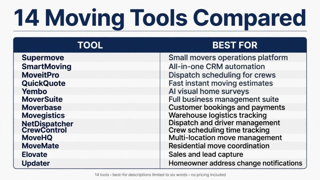 Comparison chart of 14 AI tools for moving companies