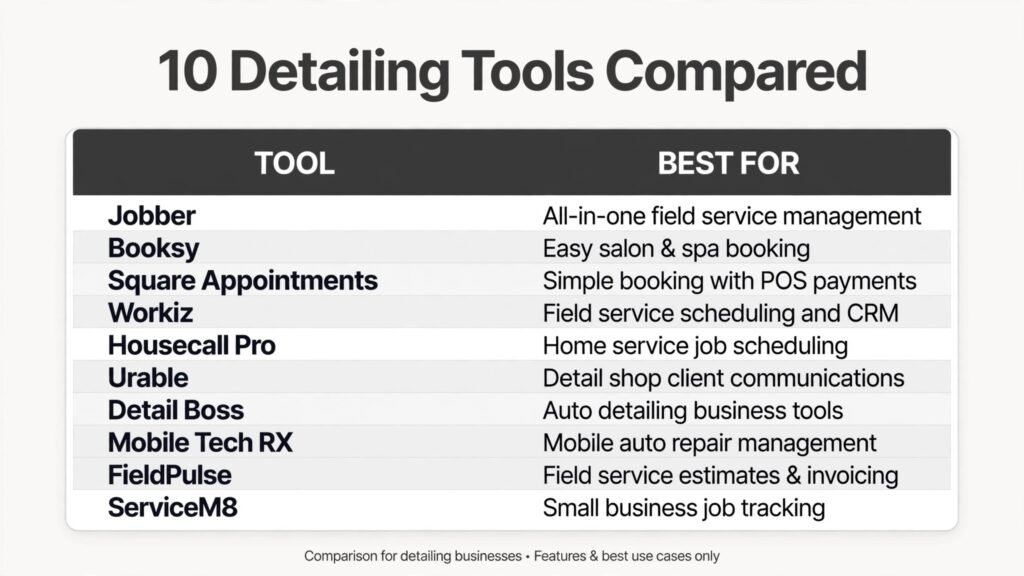 Comparison chart of 10 AI tools for car detailing businesses