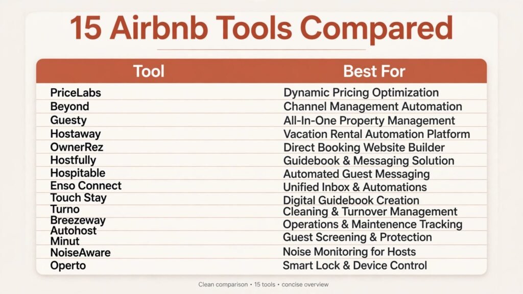 Comparison chart of 15 AI tools for Airbnb hosts