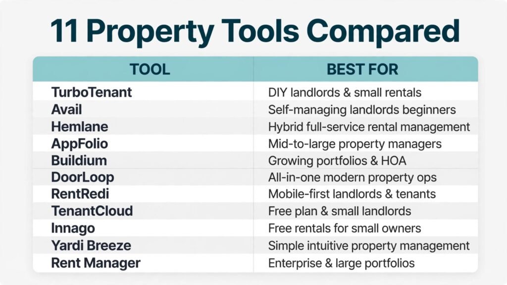Comparison chart of 11 AI tools for property managers