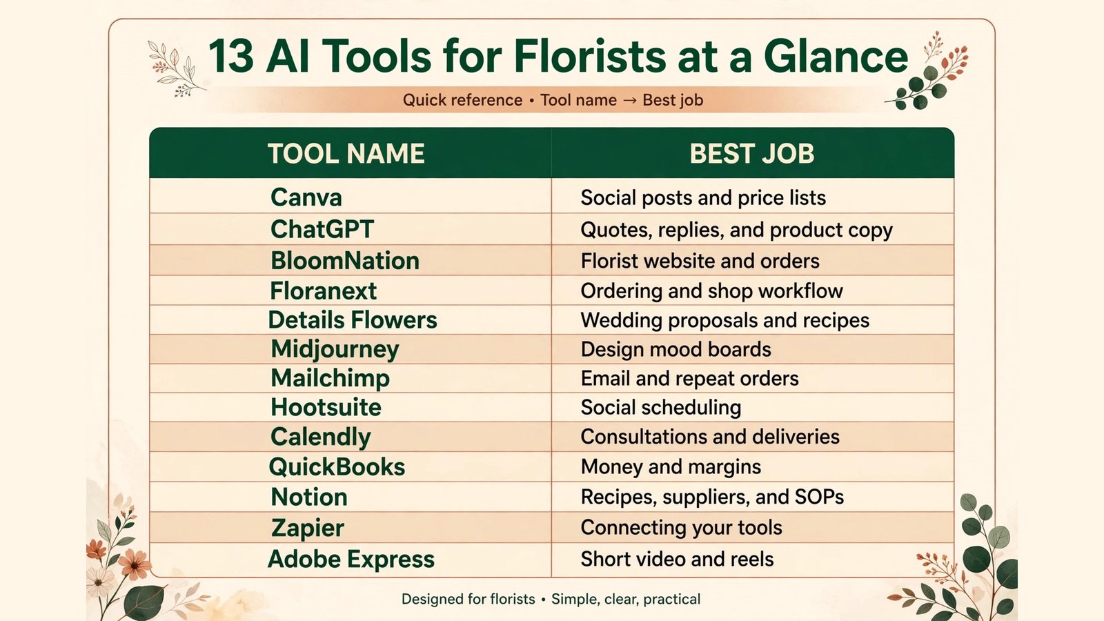 Infographic comparing 13 AI tools for florists by job and effort