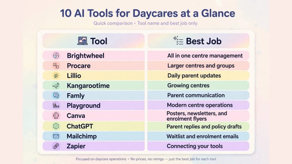 Infographic comparing 10 AI tools for daycares