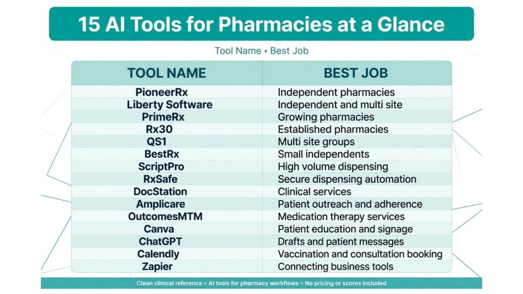 Infographic comparing 15 AI tools for pharmacies