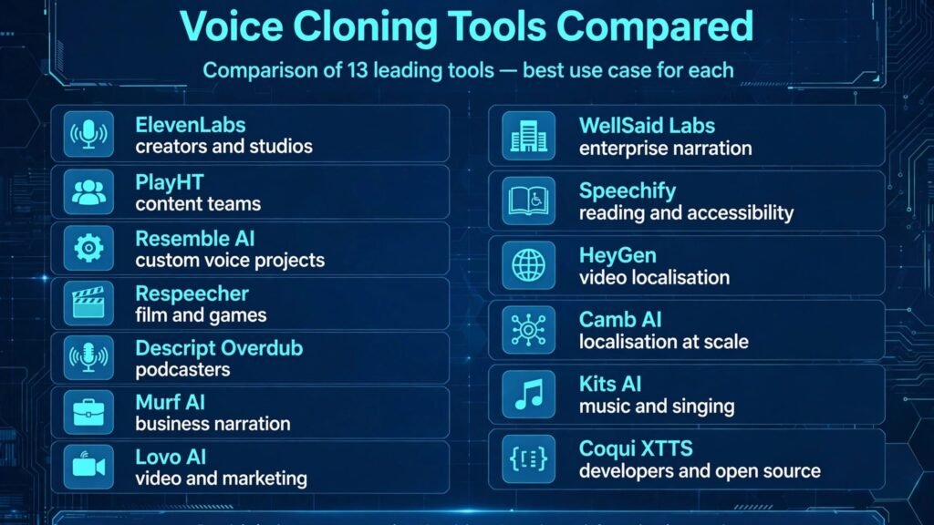 Voice cloning tools comparison chart by job and consent controls