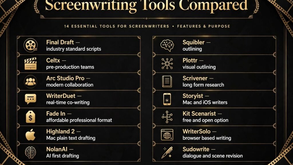 Screenwriting tools comparison chart by job and collaboration