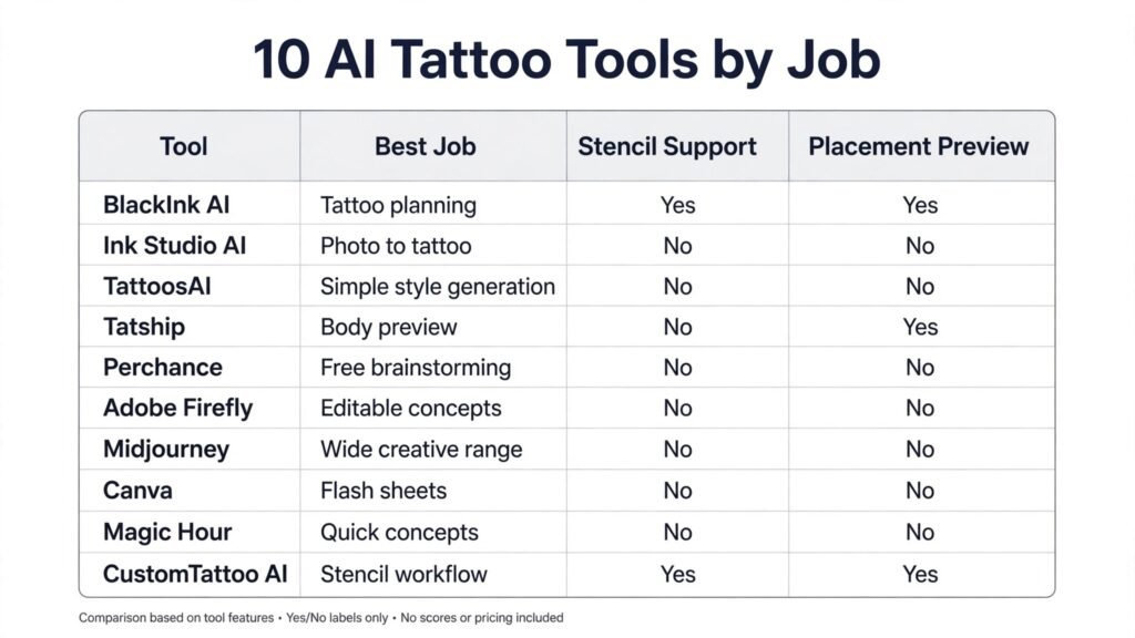 Infographic comparing 10 AI tattoo design generators by job and features