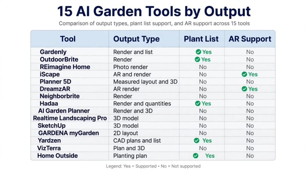 Infographic comparing 15 AI garden design tools by output and features
