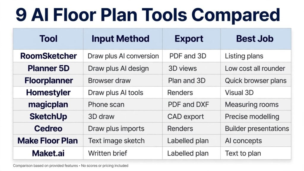 Infographic comparing 9 AI floor plan generators by input and export