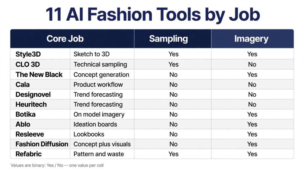 Infographic comparing 11 AI fashion design tools by job and features