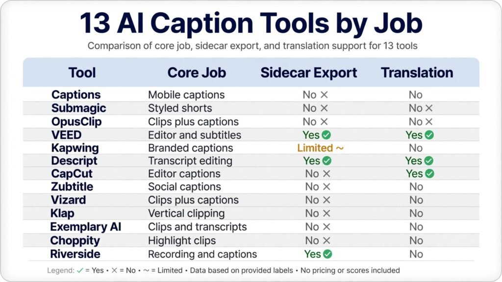 Infographic comparing 13 AI video caption generators by job and features