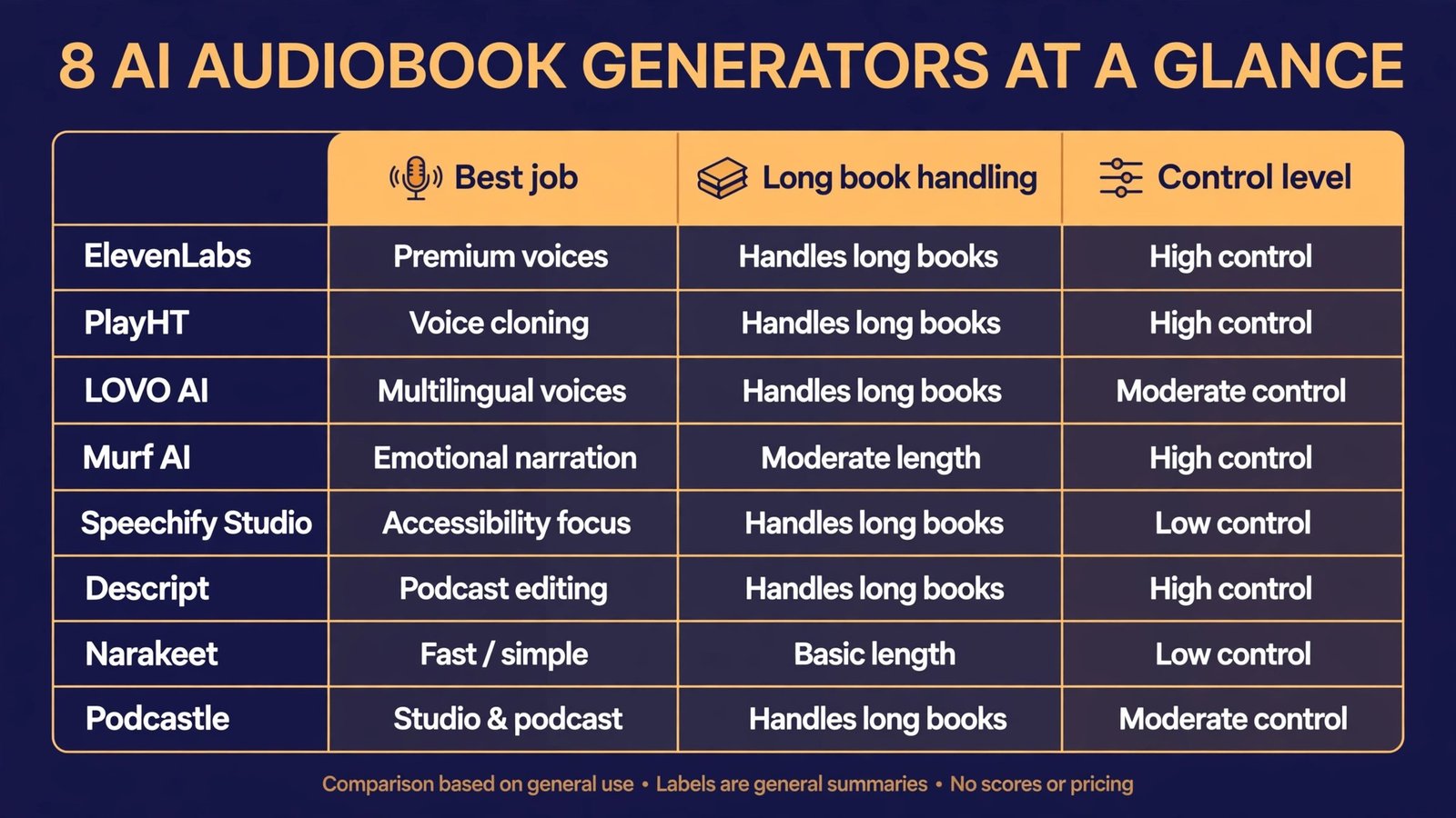 Infographic comparing 8 AI audiobook generators by best job and control