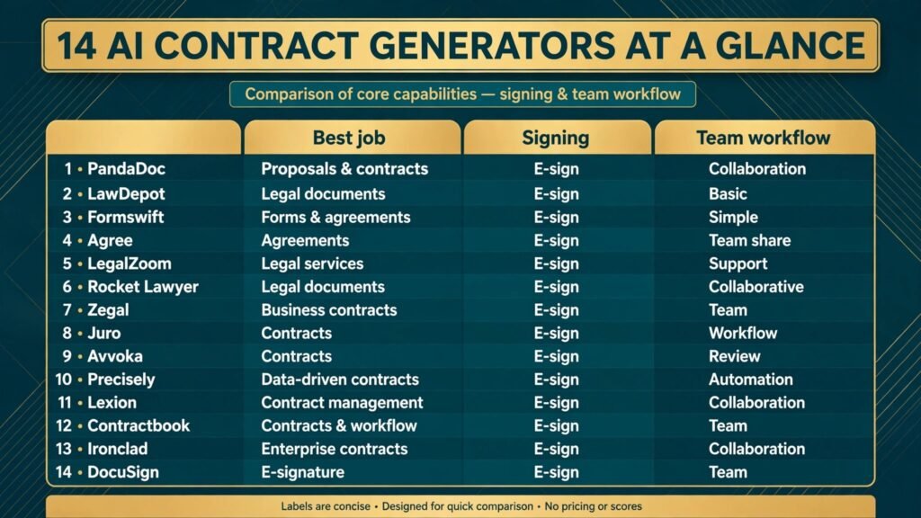 Infographic comparing 14 AI contract generators by job and workflow