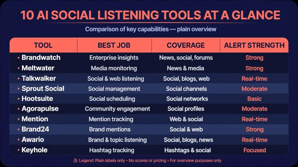 Infographic comparing 10 AI social listening tools by job and coverage