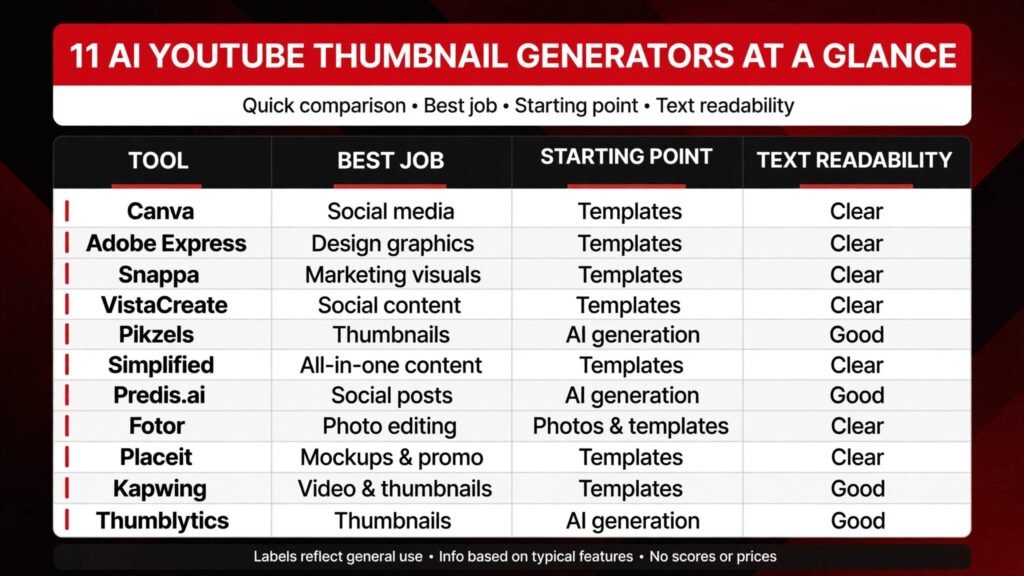 Infographic comparing 11 AI YouTube thumbnail generators by job
