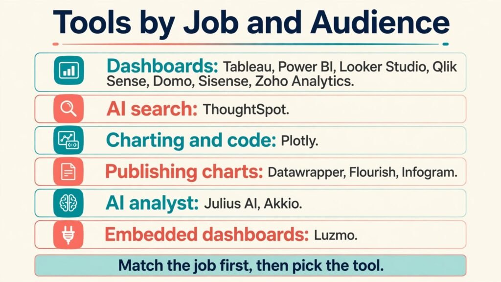 Comparison chart of tools in this guide grouped by main job and best audience.