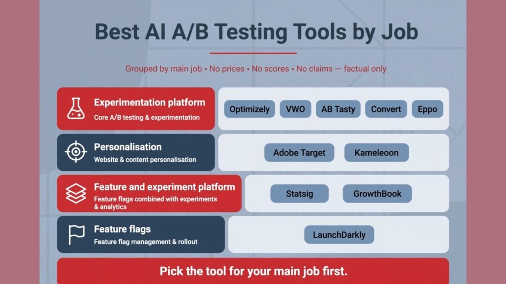 Comparison chart of tools in this guide grouped by main job and best audience.