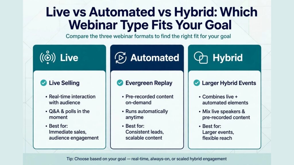 Comparison of live automated and hybrid webinar types