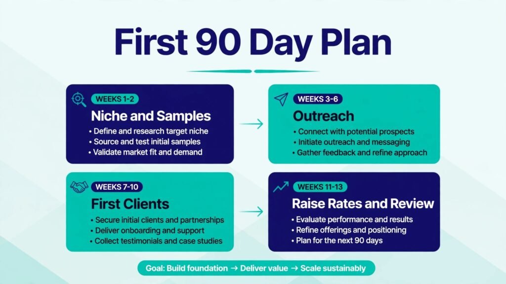 Freelance writing business first 90 day plan infographic