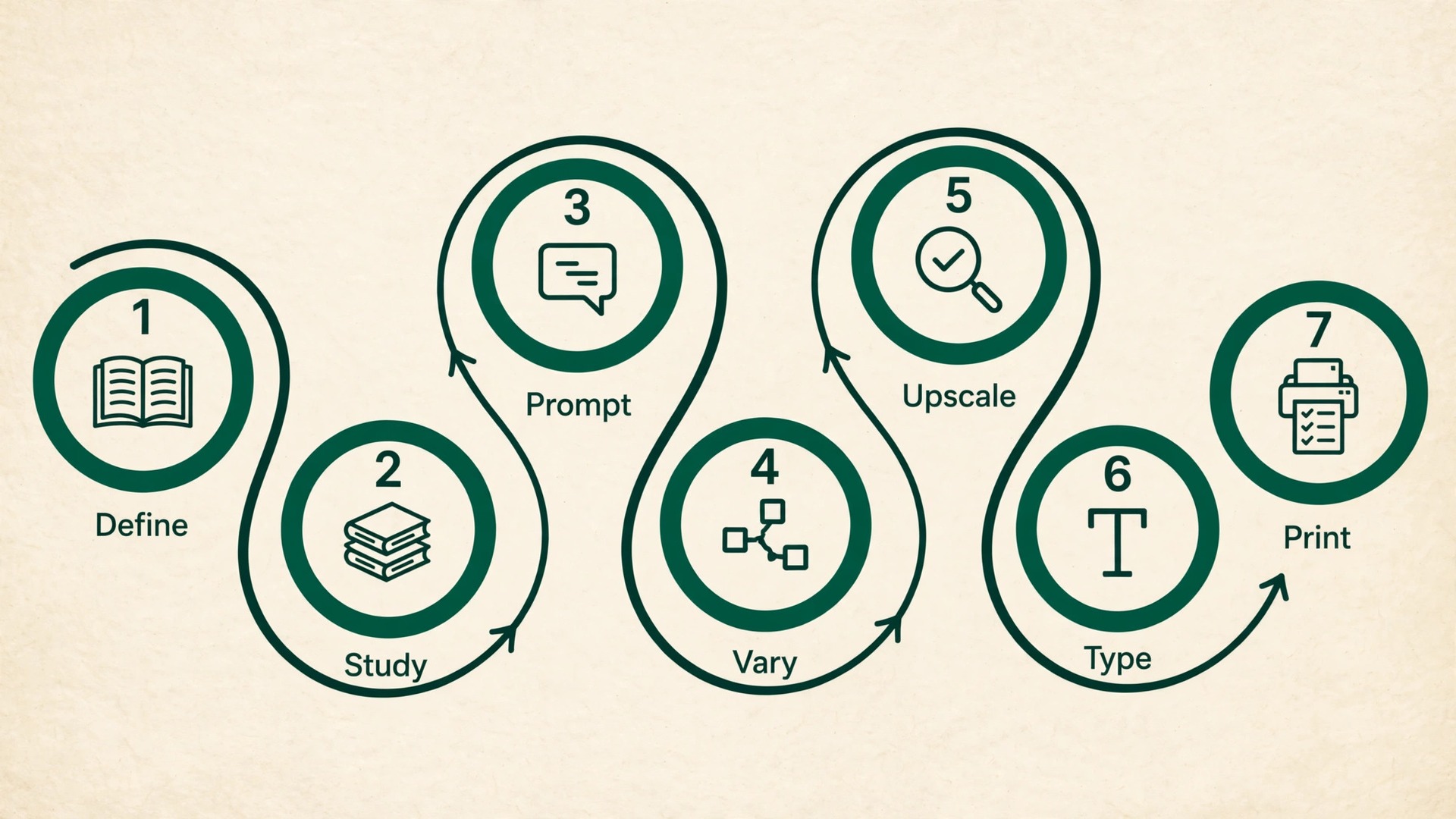 Workflow diagram of the seven stage Midjourney book cover process