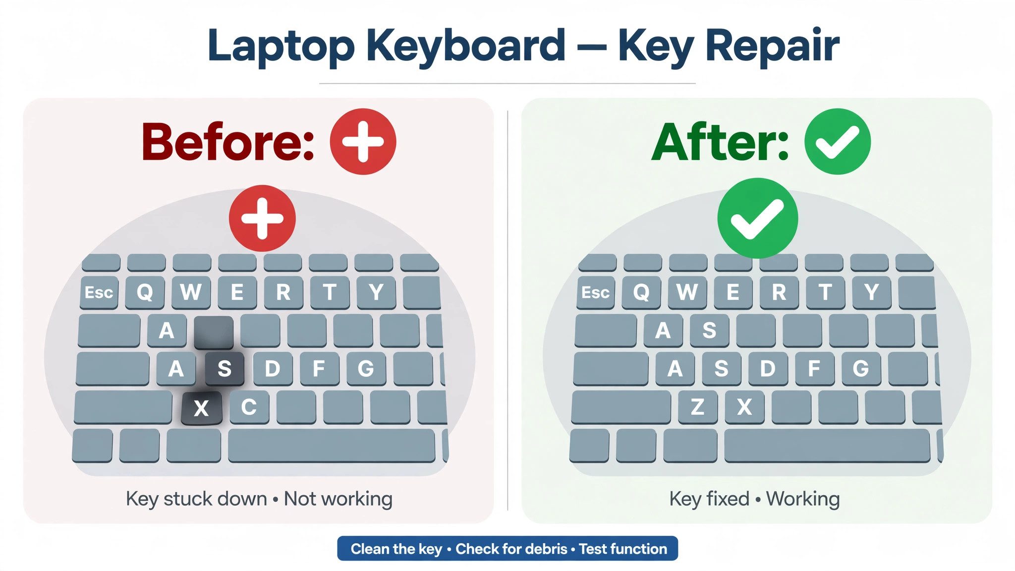 Before and after view of a laptop keyboard with one stuck key and the same key working