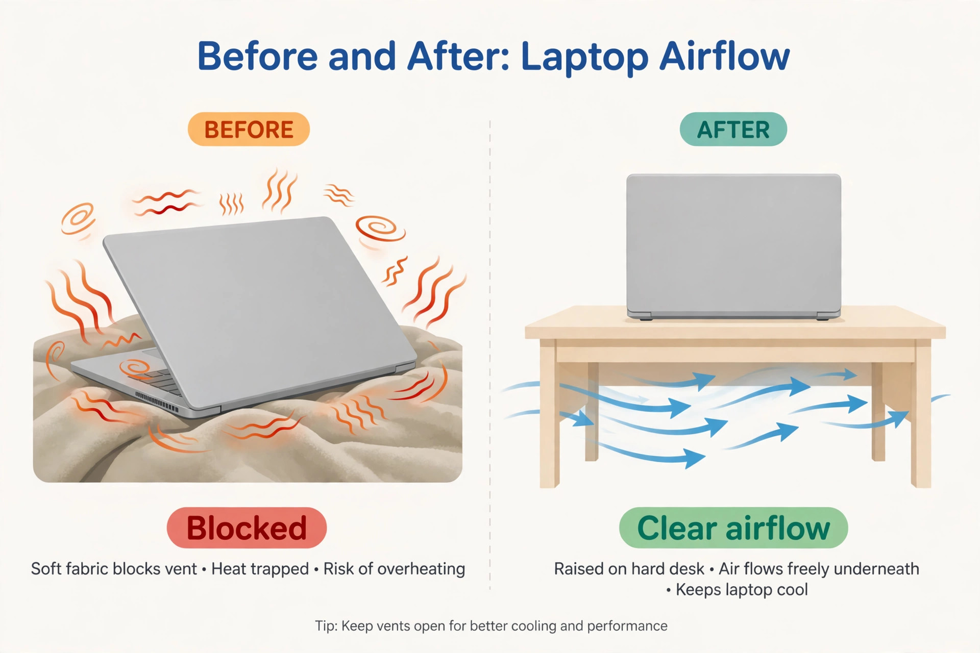 Before and after MacBook ventilation comparison on fabric versus hard desk