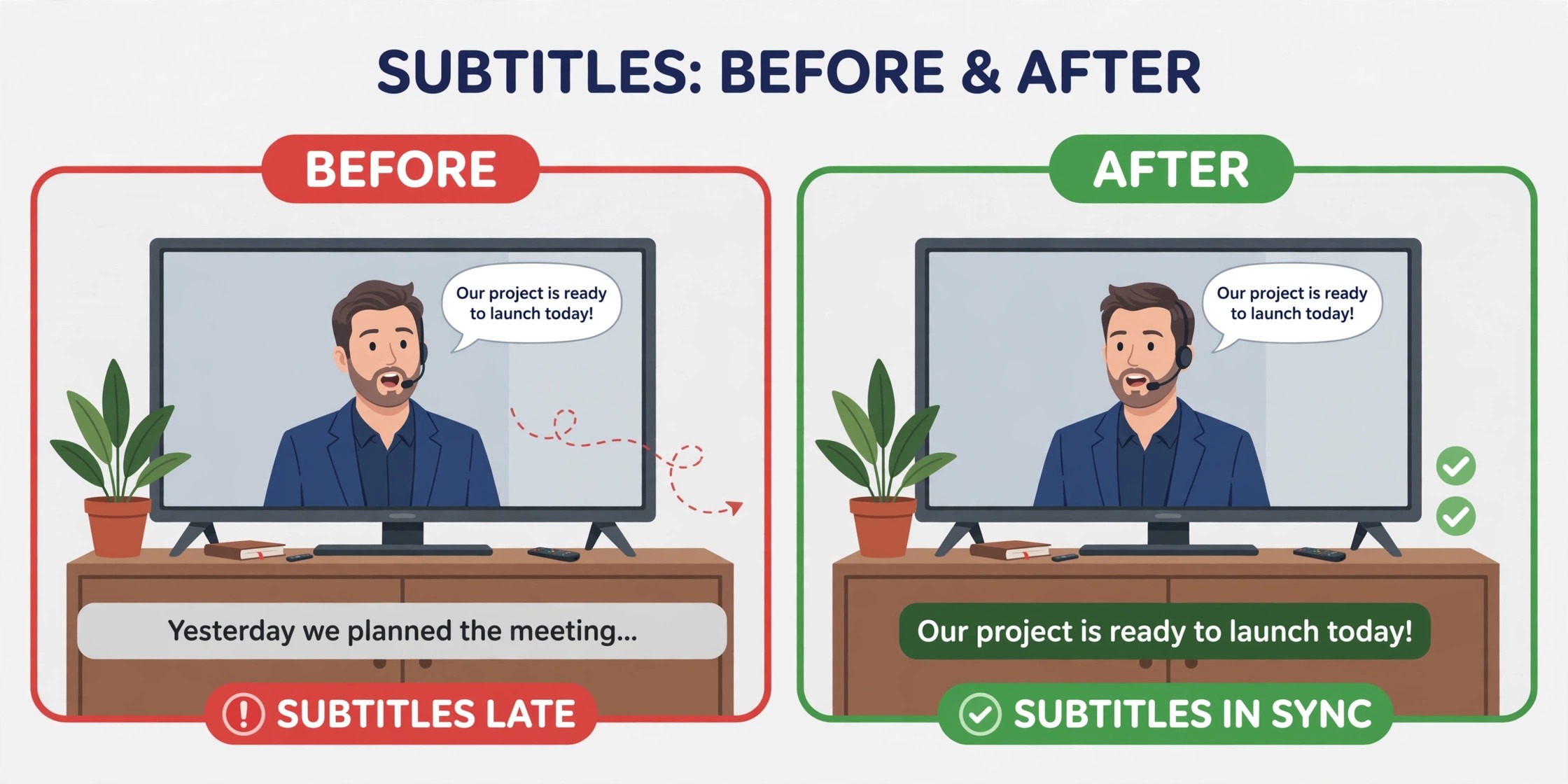 Before and after comparison of Netflix subtitles running late then matching dialogue