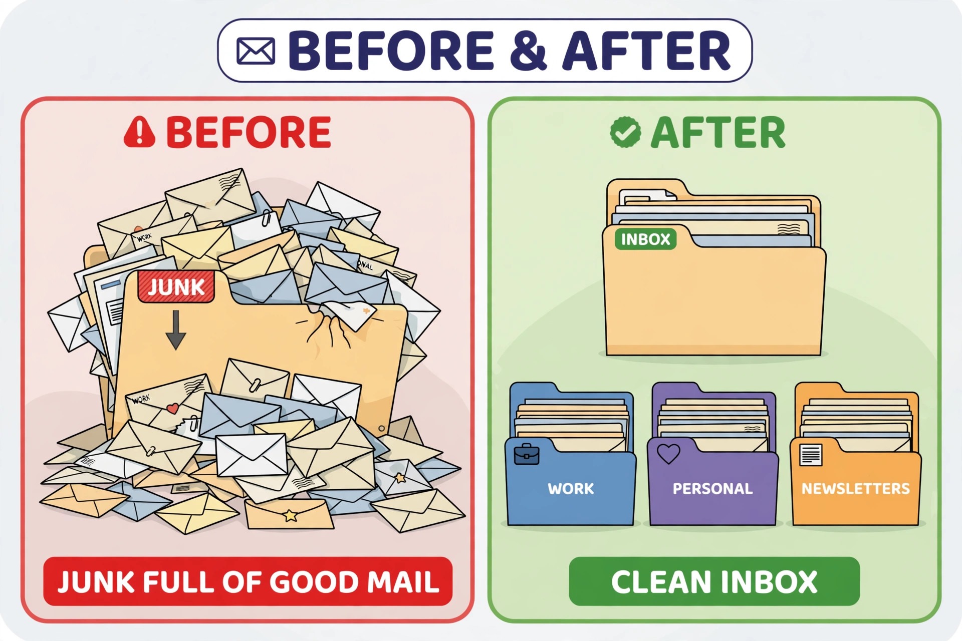 Before and after comparison of an Outlook Junk folder and a clean inbox