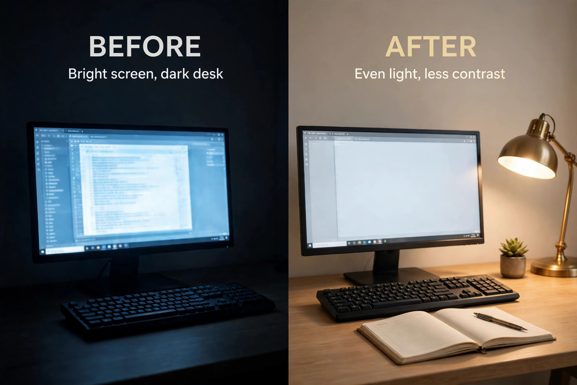 Before and after home office desk lighting with task lamp