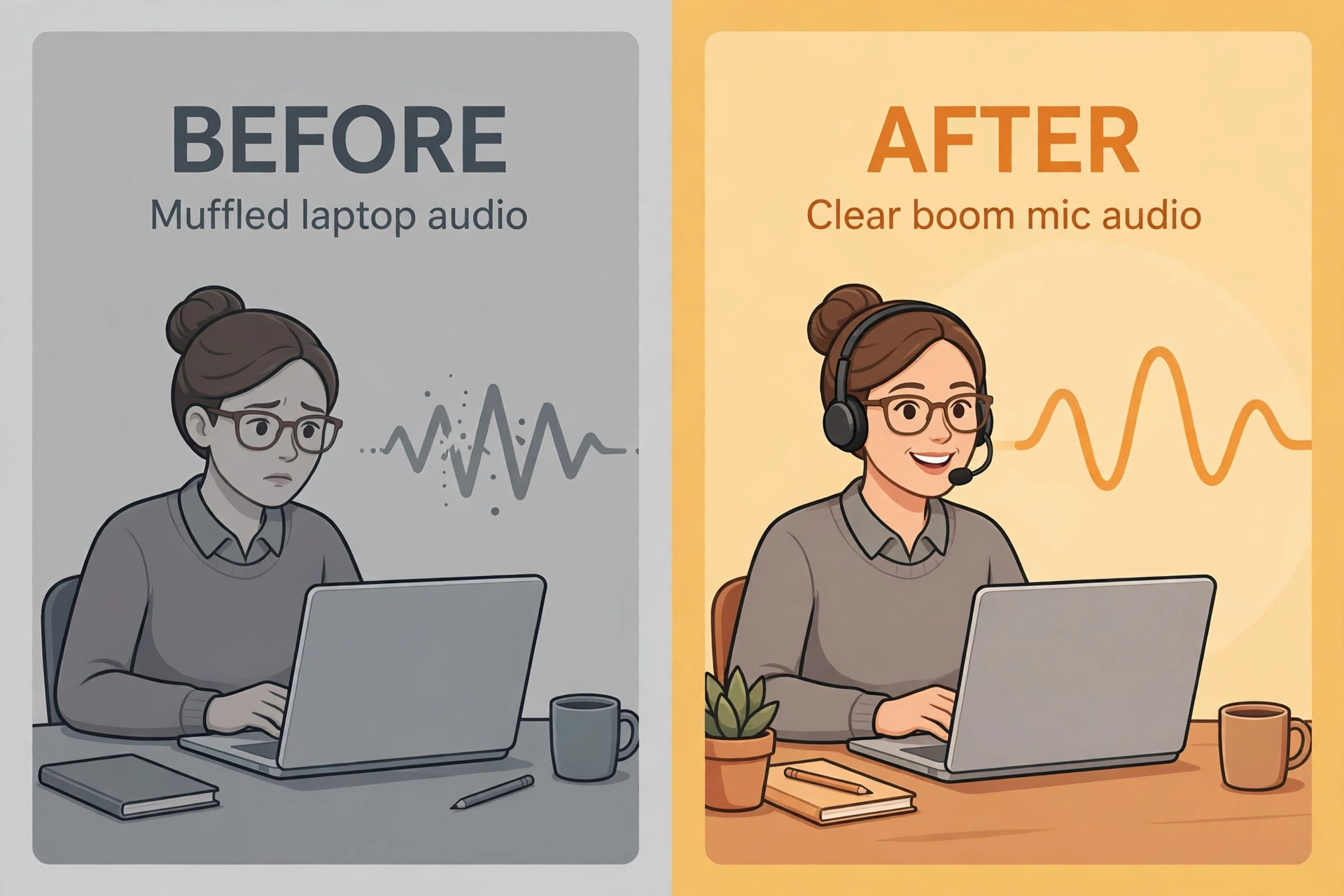 Before and after comparison of muffled laptop audio versus clear boom microphone audio for teaching