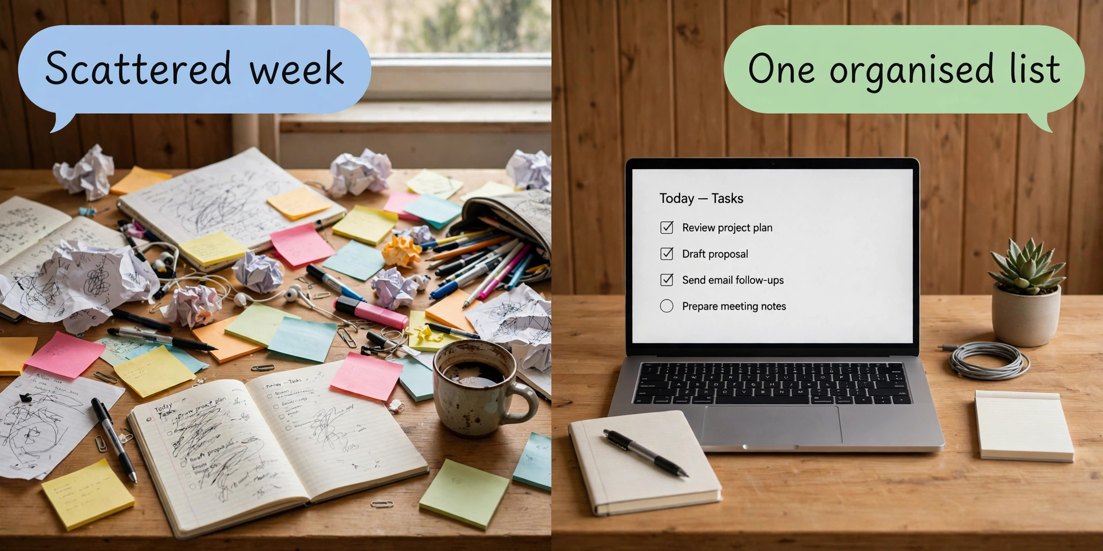 Before and after view of scattered freelance work organised into one task list