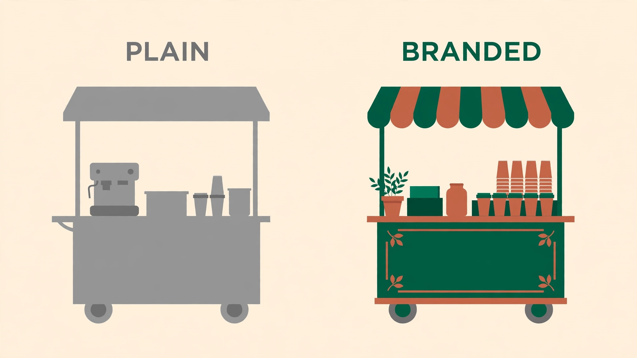 Before and after view of a plain coffee cart and a fully branded coffee cart