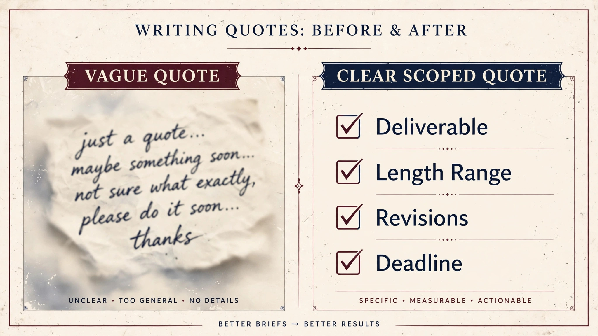 Before and after comparison of a vague quote and a clear scoped quote