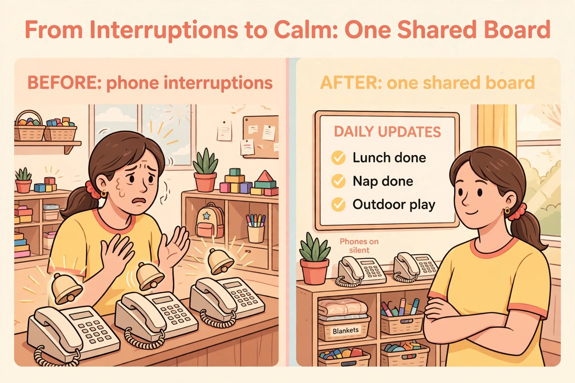 Before and after daycare room with phone interruptions versus a shared update board