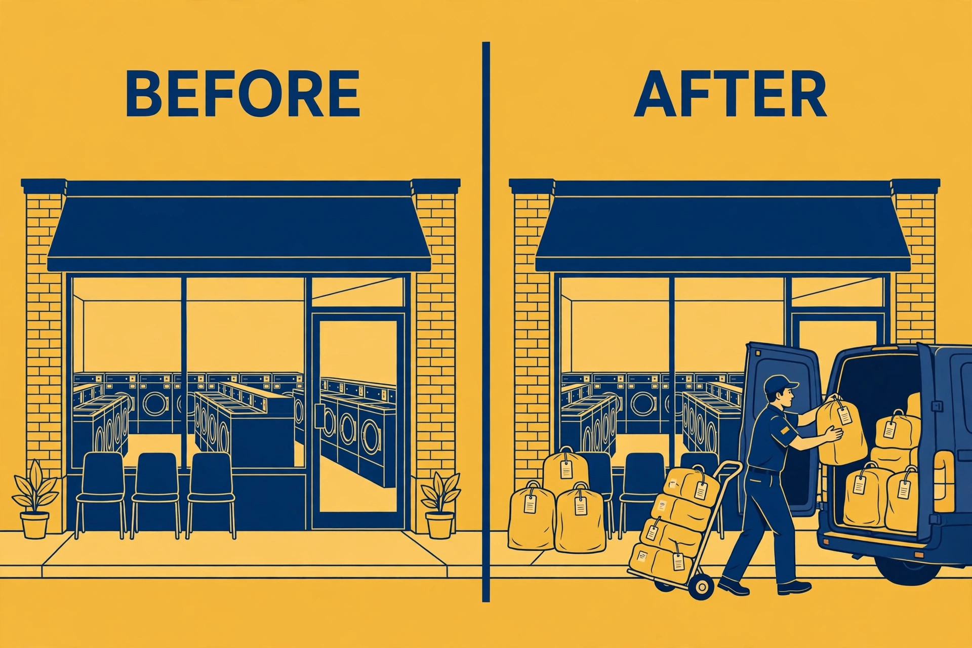 Before and after comparison of a walk-in only laundromat and one running pickup and delivery routes