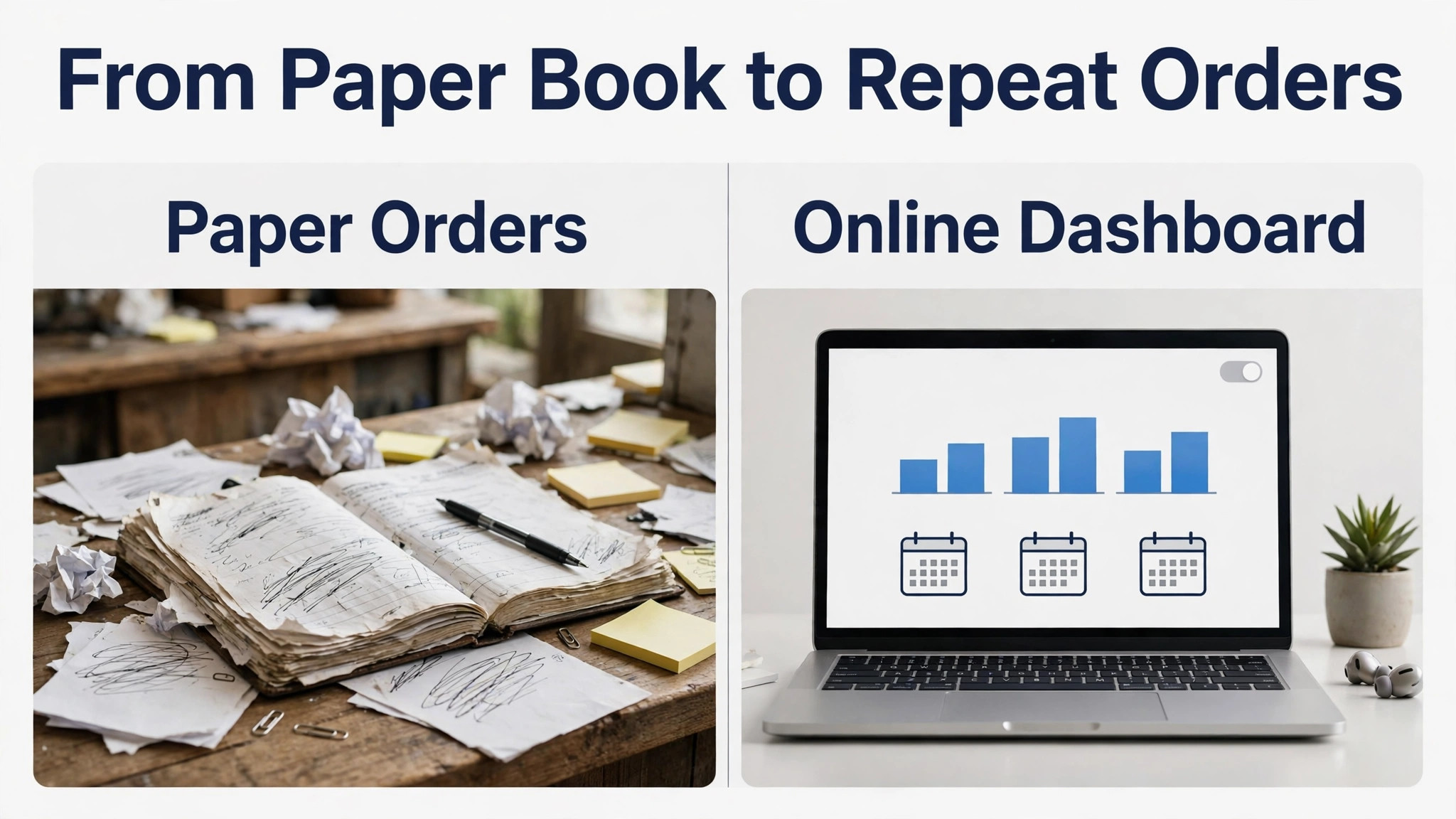 Before and after comparison of paper orders and an online pet store subscription dashboard
