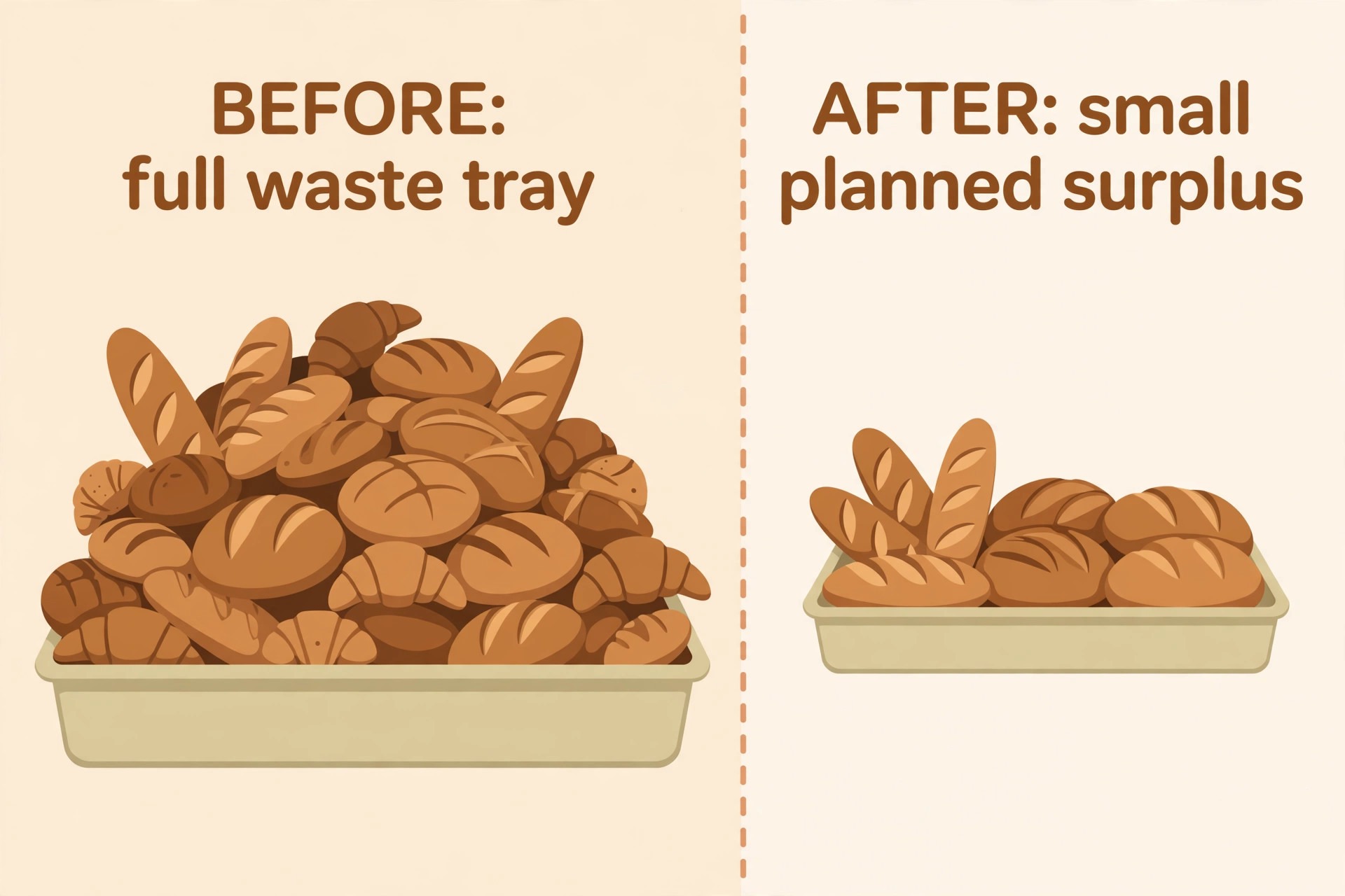 Before and after bakery waste trays showing reduced surplus