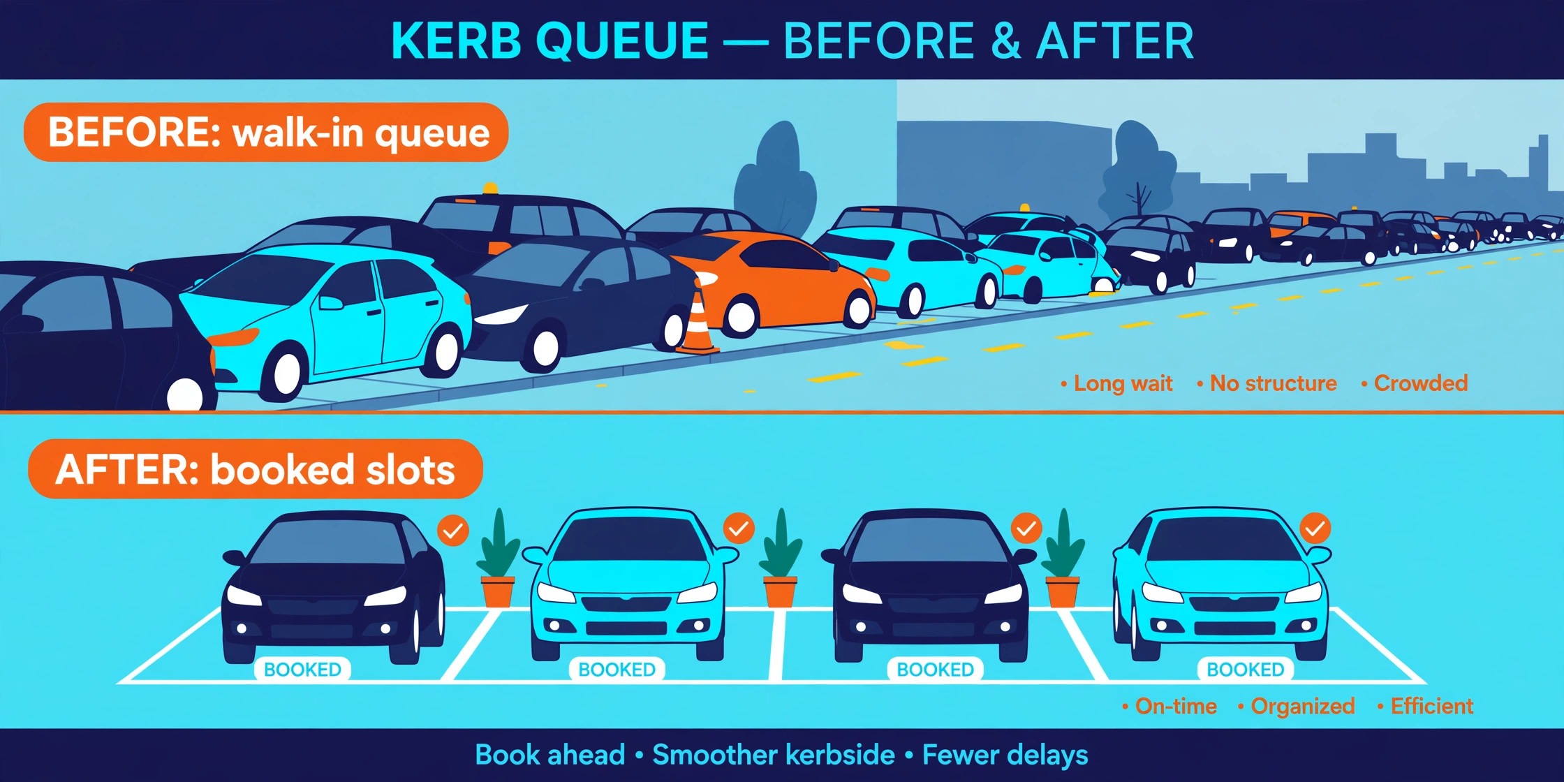 Before and after view of a chaotic walk-in queue compared with a calm booked schedule