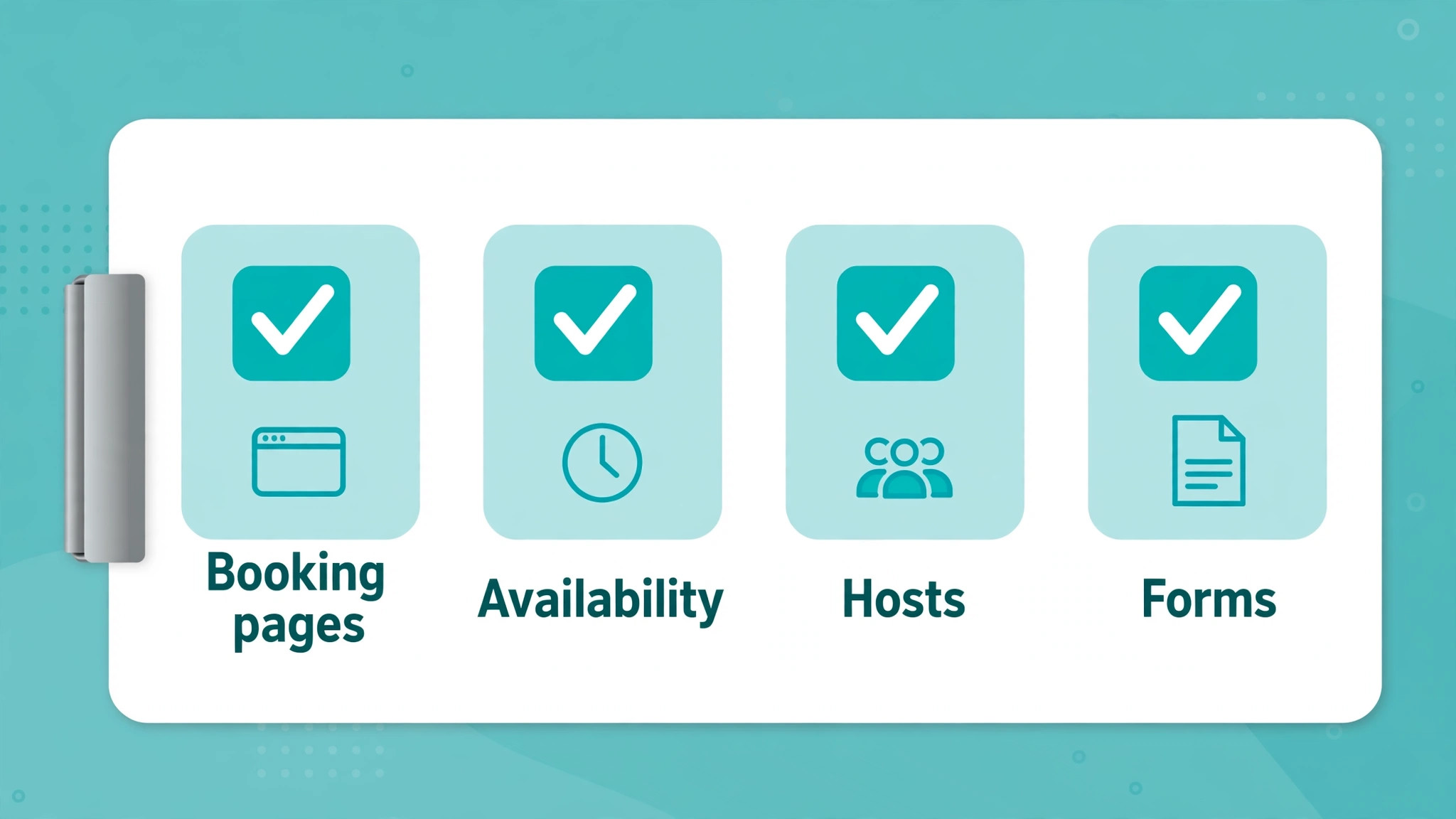 Audit checklist card for booking pages, availability, hosts and forms to inventory before leaving Calendly for Motion