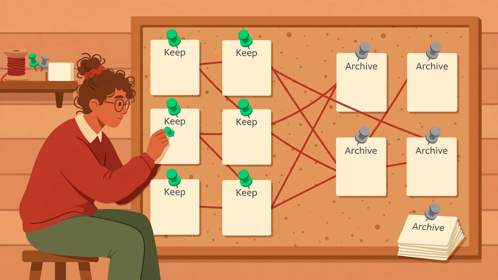 Blogger pinning blog-post cards to a corkboard inventory wall, green pins for Keep and grey pins for Archive, linked by red string