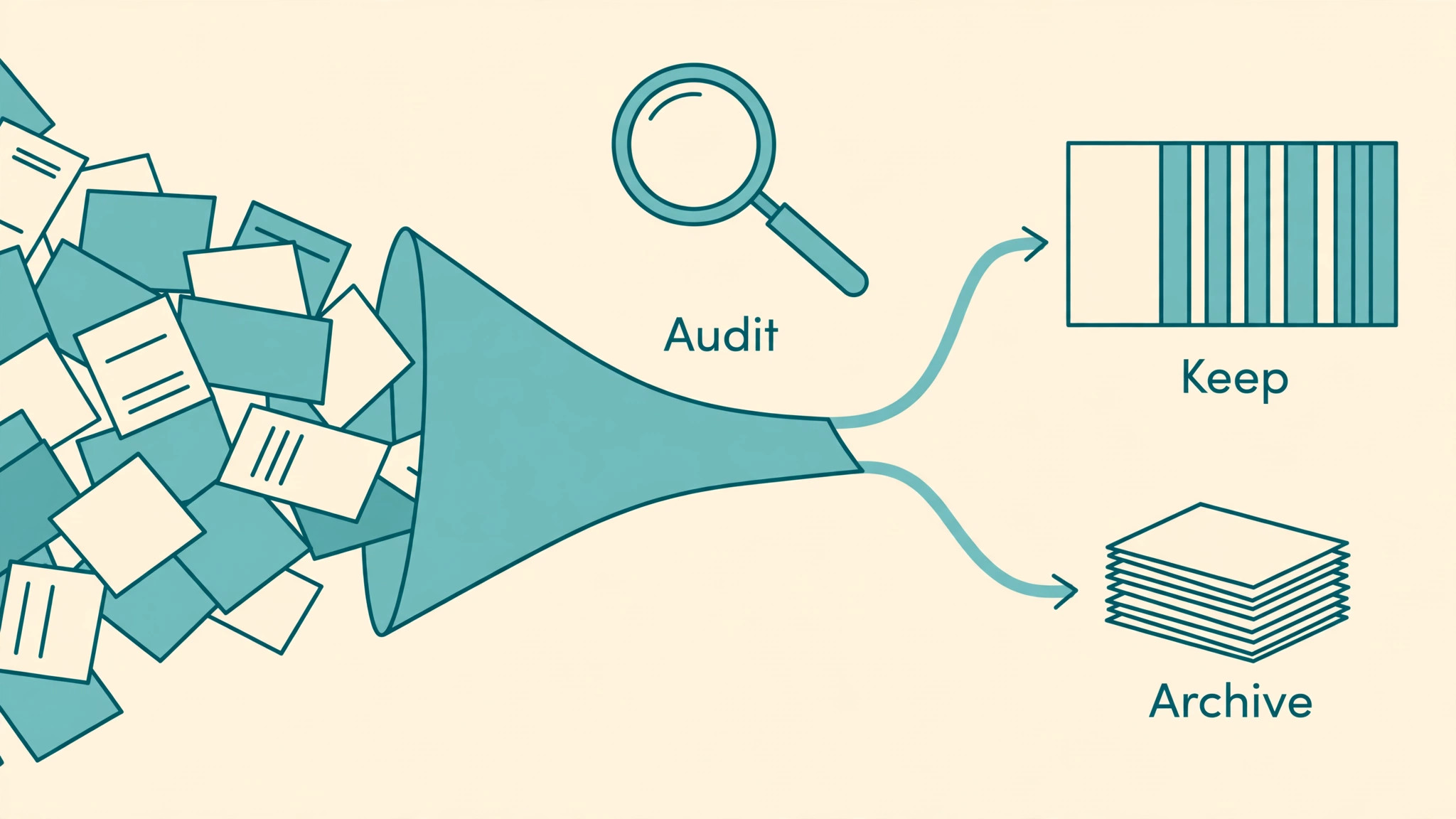 Audit funnel sorting a pile of scattered Airtable records into kept records and an archive stack for a Notion migration