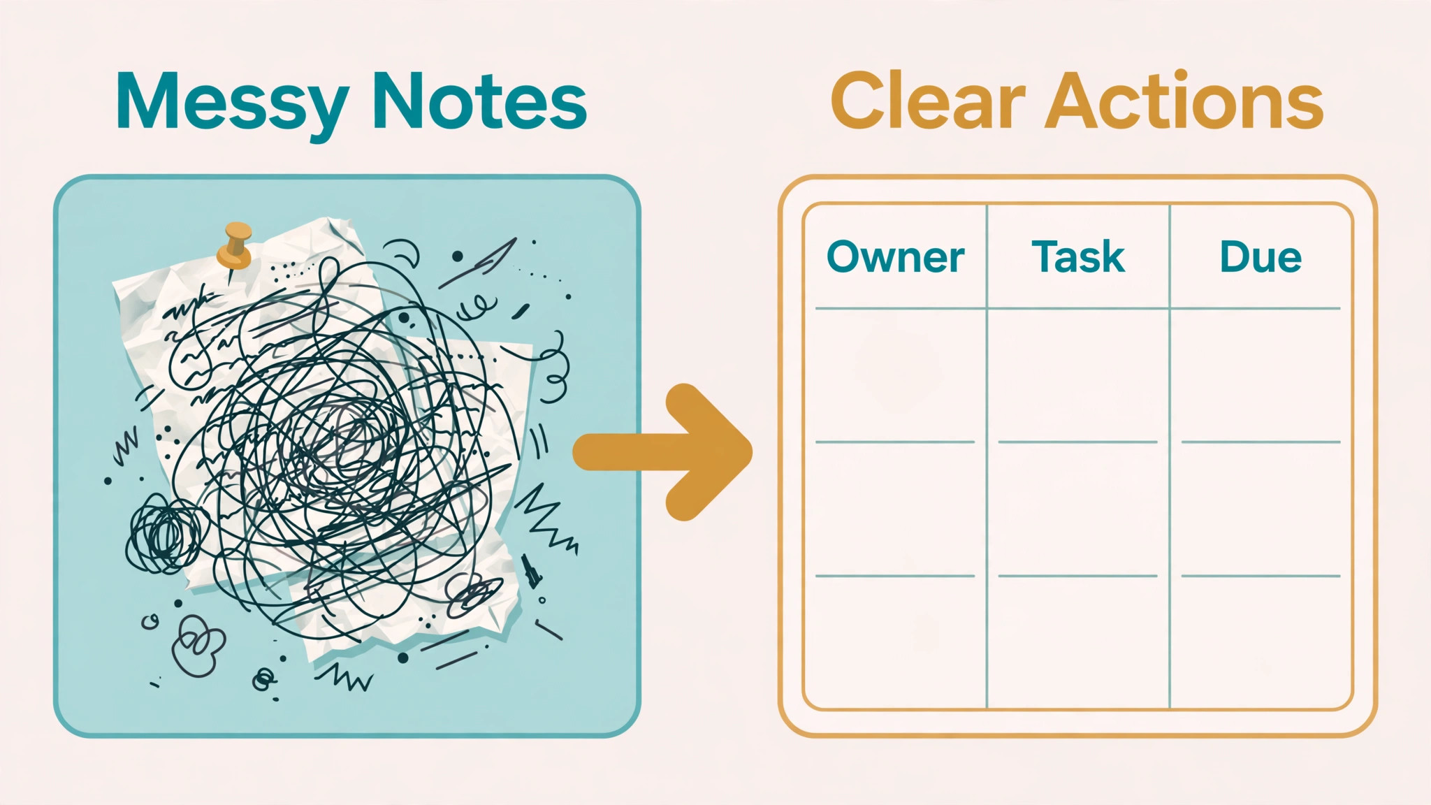 Messy meeting notes turned into a clear list of owners, tasks and due dates