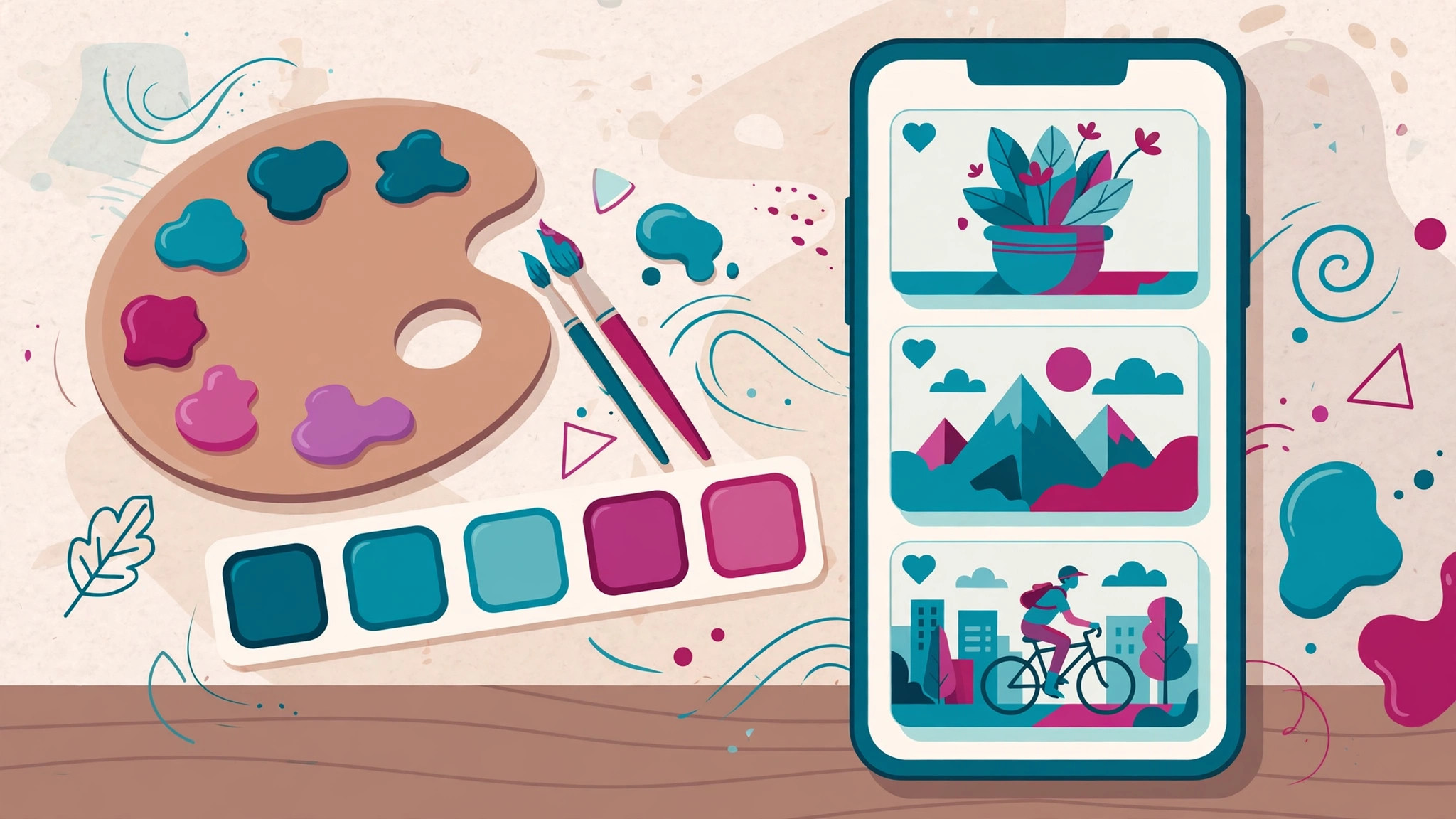 Paint palette and colour swatches beside a phone showing a social feed in one consistent illustration style